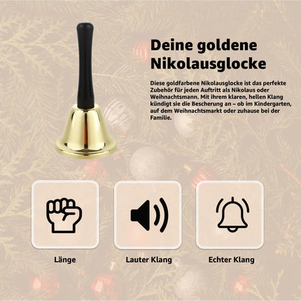 Glocke Gold Weihnachtsmann Accessoire - Nikolausglocke & Weihnachtsglocke - extra lauter Klang - Weihnachtsmann & Nikolaus