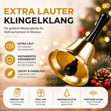 Glocke Gold Weihnachtsmann Accessoire - Nikolausglocke & Weihnachtsglocke - extra lauter Klang - Weihnachtsmann & Nikolaus