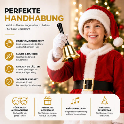 Glocke Gold Weihnachtsmann Accessoire - Nikolausglocke & Weihnachtsglocke - extra lauter Klang - Weihnachtsmann & Nikolaus