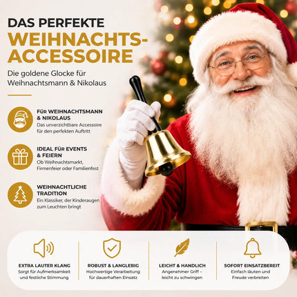 Glocke Gold Weihnachtsmann Accessoire - Nikolausglocke & Weihnachtsglocke - extra lauter Klang - Weihnachtsmann & Nikolaus