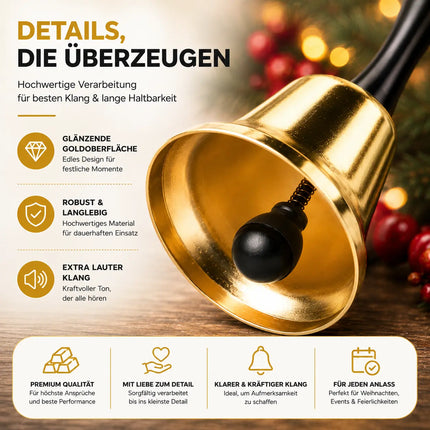Glocke Gold Weihnachtsmann Accessoire - Nikolausglocke & Weihnachtsglocke - extra lauter Klang - Weihnachtsmann & Nikolaus