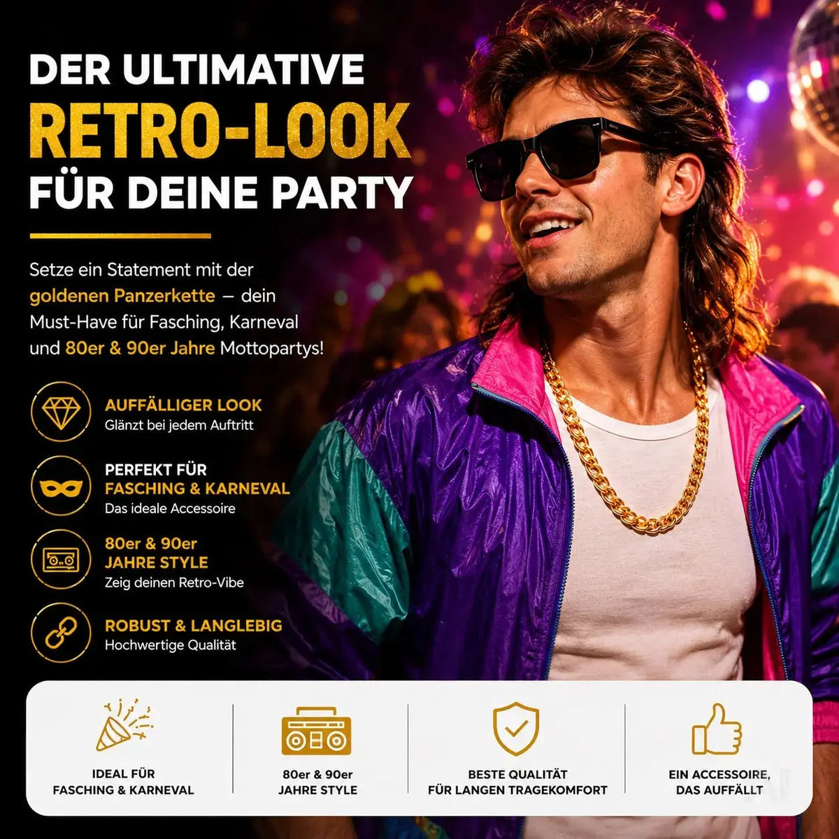 Goldkette ca 50 cm – Panzerkette gold als Accessoire für Fasching & Karneval – 80er & 90er Jahre – Detailansicht 2