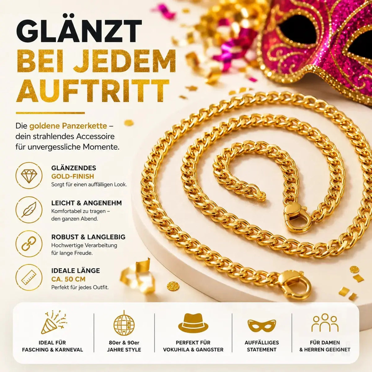 Goldkette ca 50 cm – Panzerkette gold als Accessoire für Fasching & Karneval – 80er & 90er Jahre – Detailansicht 3