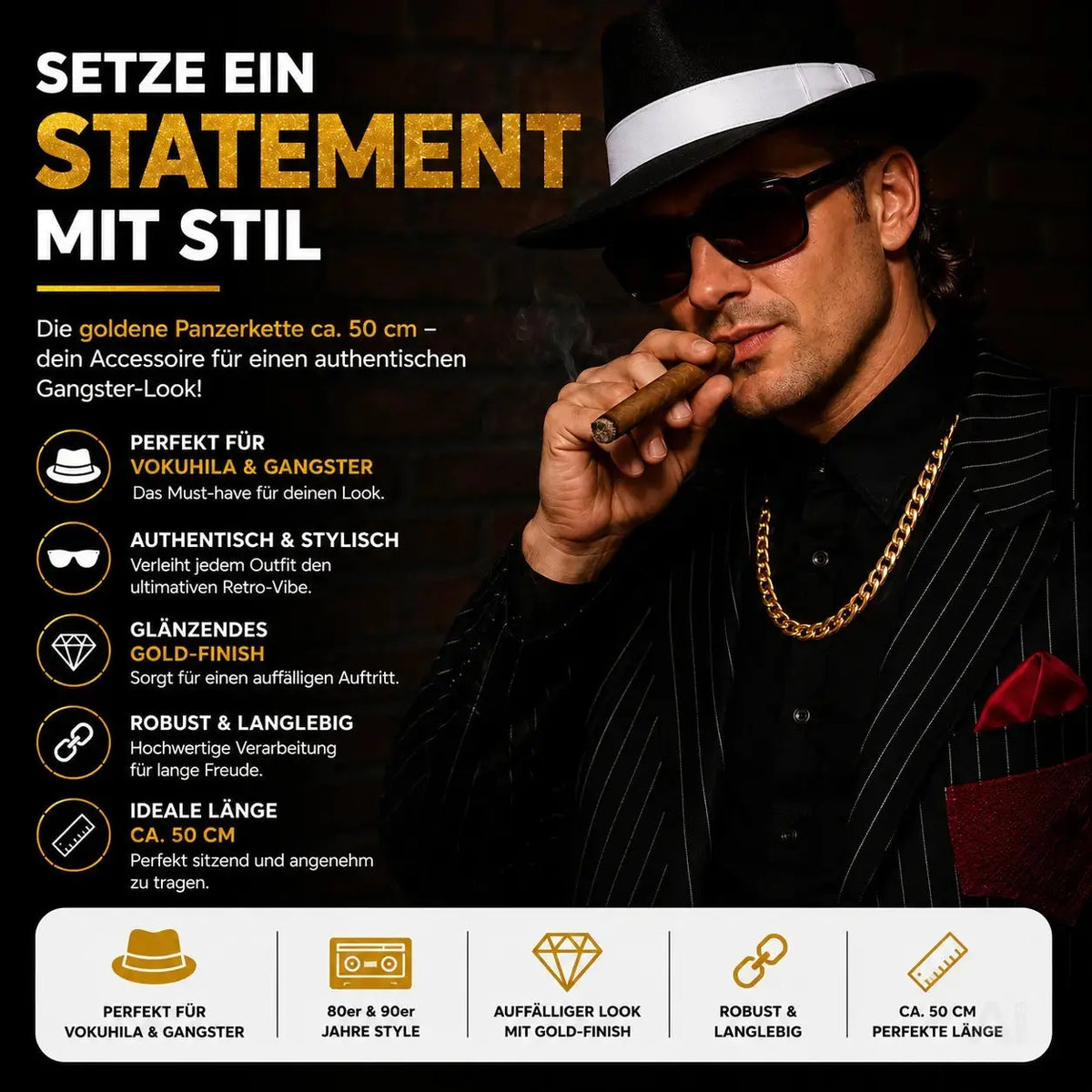 Goldkette ca 50 cm – Panzerkette gold als Accessoire für Fasching & Karneval – 80er & 90er Jahre – Detailansicht 6