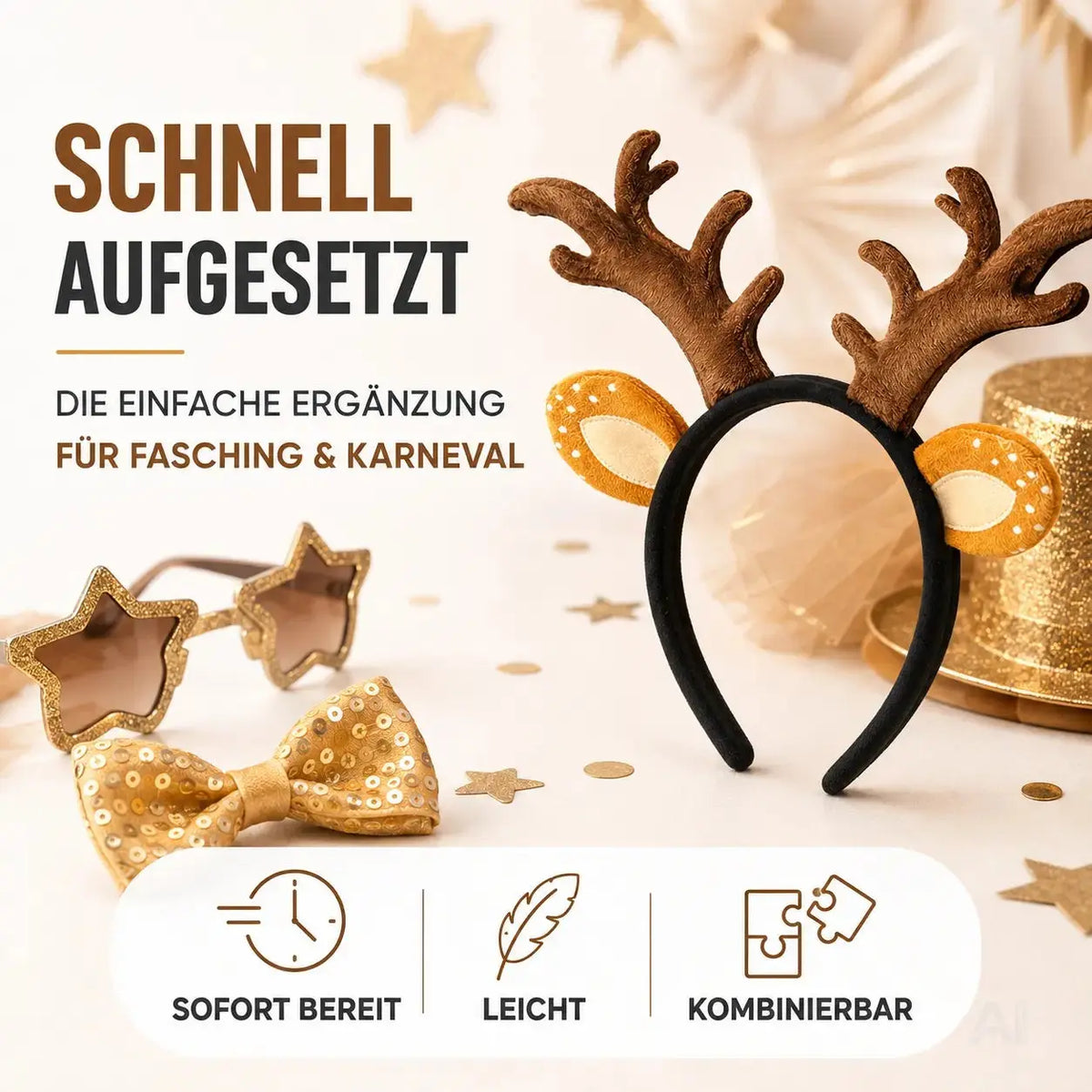 Haarreif Kopfhut Rentier Reh Geweih – Fasching & Karneval für Erwachsene & Kinder – Detailansicht 3