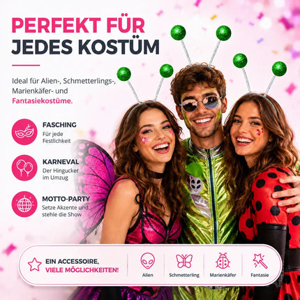 Haarreif Kopfhut mit Schmetterling Bommel Wackel Alien Fühler – Fasching & Karneval für Erwachsene & Kinder – Fastnachtskostüme (Grün)