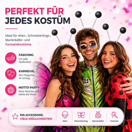 Haarreif Kopfhut mit Schmetterling Bommel Wackel Alien Fühler – Fasching & Karneval für Erwachsene & Kinder – Fastnachtskostüme (Schwarz)