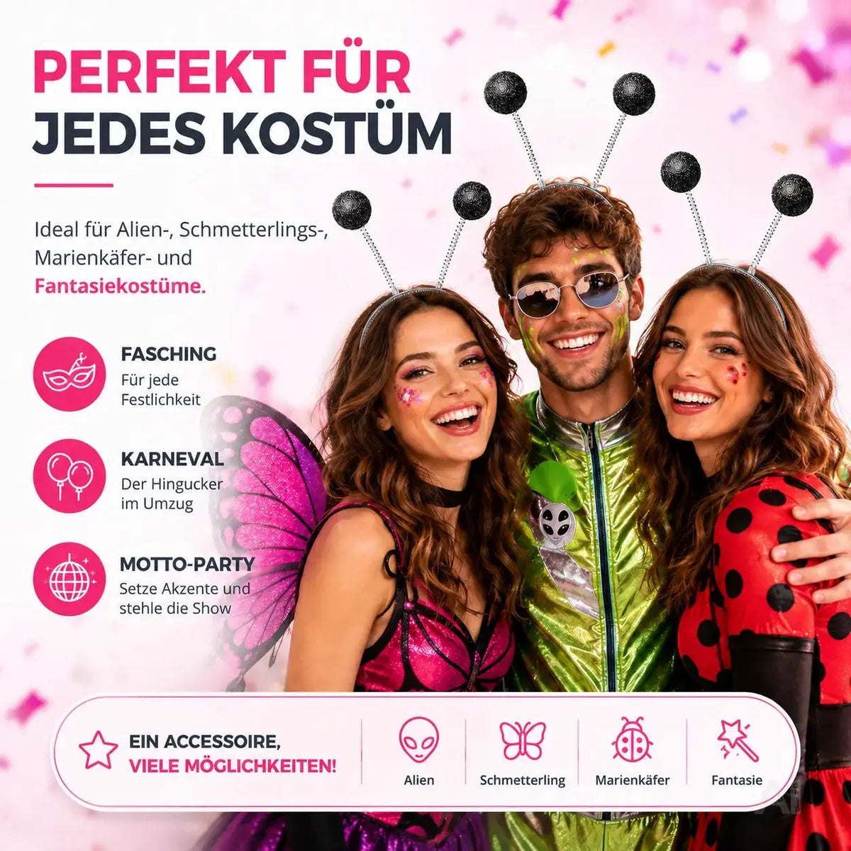 Haarreif Kopfhut mit Schmetterling Bommel Wackel Alien Fühler – Fasching & Karneval – Detailansicht 2