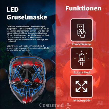 Halloween Maske Purge LED blau - Kostümmaske steuerbar für Halloween, Fasching & Karneval – Detailansicht 2