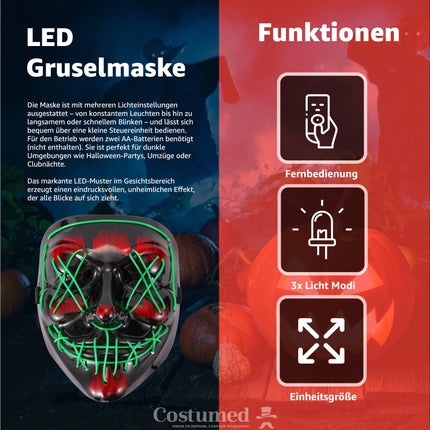 Halloween Maske Purge LED grün - Kostümmaske steuerbar für Halloween, Fasching & Karneval als Kostüm & Verleidung für Herren & Damen - TK Gruppe® Offizieller Onlineshop