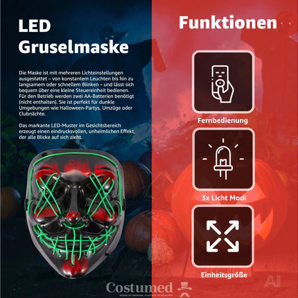 Halloween Maske Purge LED grün - Kostümmaske steuerbar für Halloween, Fasching & Karneval – Detailansicht 2