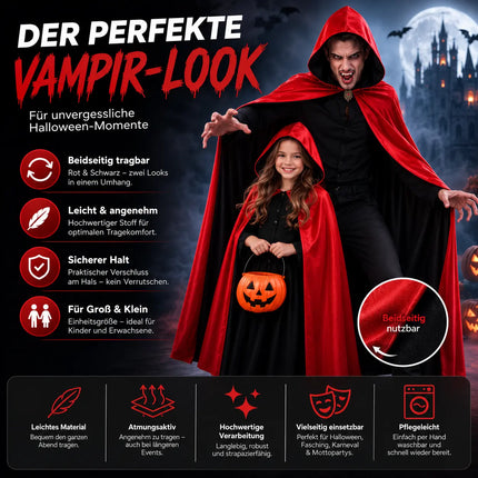 Halloween Vampir Kostüm Umhang - rot & schwarz - Kaputzenumhang für Kinder & Erwachsene - Umhang Halloween Fasching
