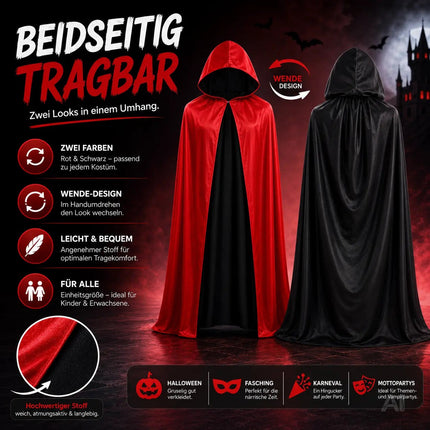 Halloween Vampir Kostüm Umhang - rot & schwarz - Kaputzenumhang für Kinder & Erwachsene - Umhang – Detailansicht 3