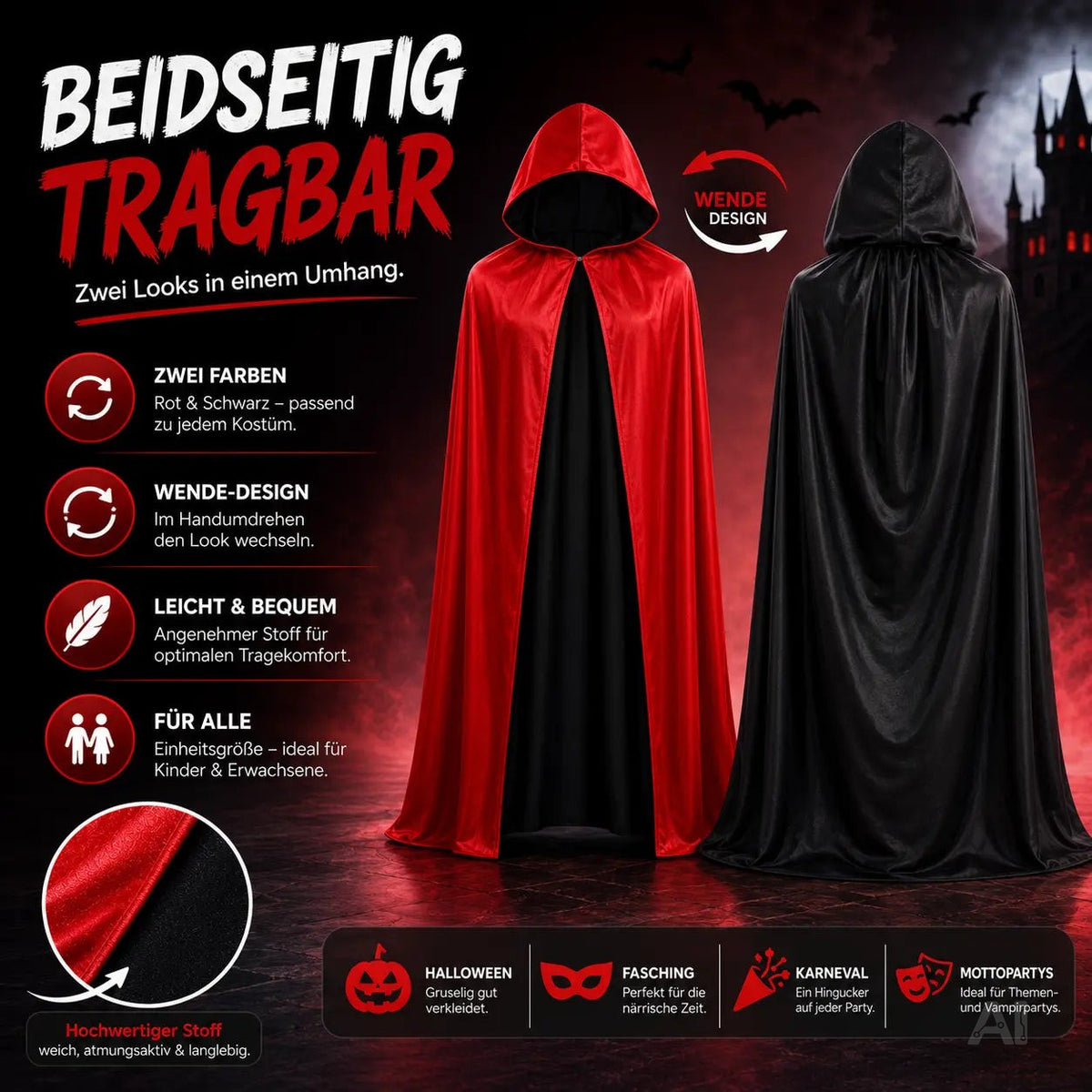 Halloween Vampir Kostüm Umhang - rot & schwarz - Kaputzenumhang für Kinder & Erwachsene - Umhang – Detailansicht 3