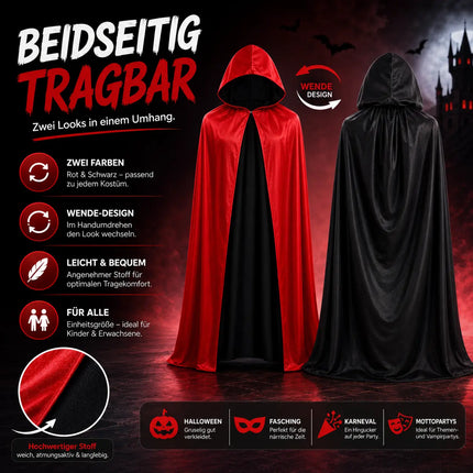Halloween Vampir Kostüm Umhang - rot & schwarz - Kaputzenumhang für Kinder & Erwachsene - Umhang Halloween Fasching