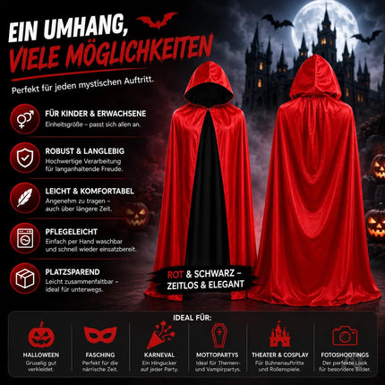 Halloween Vampir Kostüm Umhang - rot & schwarz - Kaputzenumhang für Kinder & Erwachsene - Umhang – Detailansicht 4