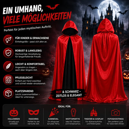 Halloween Vampir Kostüm Umhang - rot & schwarz - Kaputzenumhang für Kinder & Erwachsene - Umhang Halloween Fasching