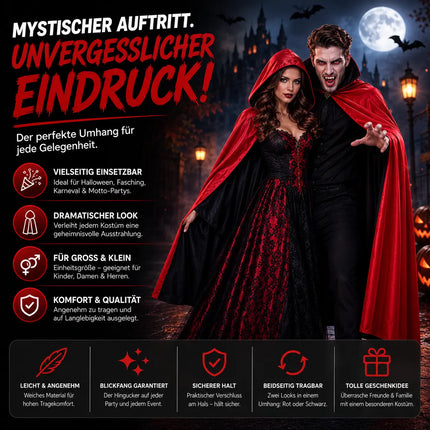 Halloween Vampir Kostüm Umhang - rot & schwarz - Kaputzenumhang für Kinder & Erwachsene - Umhang Halloween Fasching