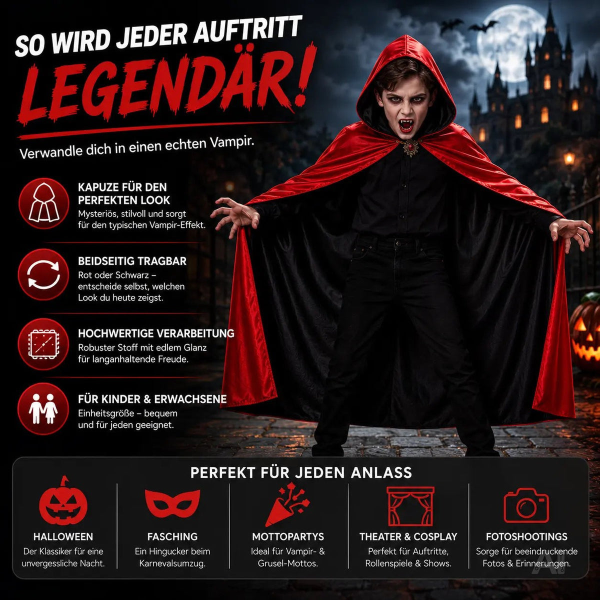 Halloween Vampir Kostüm Umhang - rot & schwarz - Kaputzenumhang für Kinder & Erwachsene - Umhang – Detailansicht 6