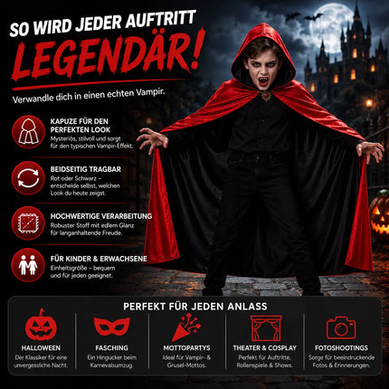 Halloween Vampir Kostüm Umhang - rot & schwarz - Kaputzenumhang für Kinder & Erwachsene - Umhang Halloween Fasching