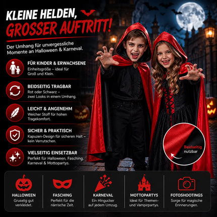 Halloween Vampir Kostüm Umhang - rot & schwarz - Kaputzenumhang für Kinder & Erwachsene - Umhang Halloween Fasching