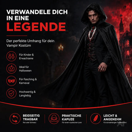 Halloween Vampirkostüm Umhang mit Kaputze schwarz als Verkleidung für Kinder & Erwachsene - Fasching & Karneval - Einheitsgröße