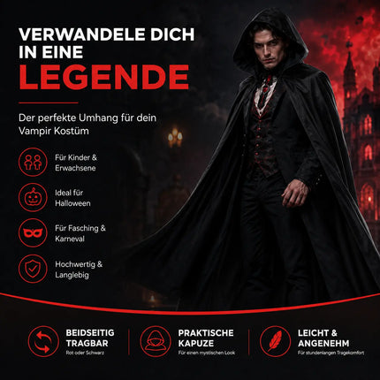 Halloween Vampirkostüm Umhang mit Kaputze schwarz als Verkleidung für Kinder & Erwachsene - Fasching & Karneval - Einheitsgröße
