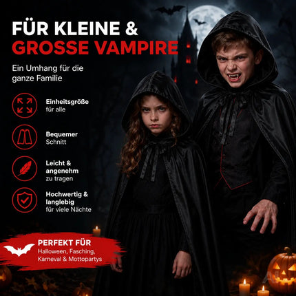 Halloween Vampirkostüm Umhang mit Kaputze schwarz als Verkleidung für Kinder & Erwachsene - Fasching & Karneval - Einheitsgröße