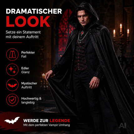 Halloween Vampirkostüm Umhang mit Kaputze schwarz als Verkleidung für Kinder & Erwachsene - Fasching & Karneval - Einheitsgröße