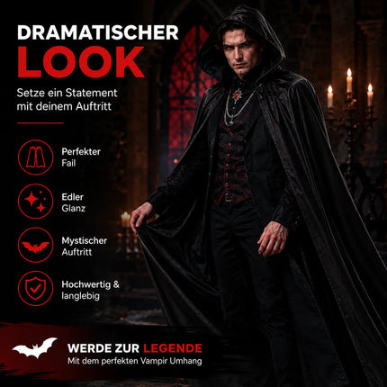 Halloween Vampirkostüm Umhang mit Kaputze schwarz als Verkleidung für Kinder & Erwachsene - Fasching & Karneval - Einheitsgröße