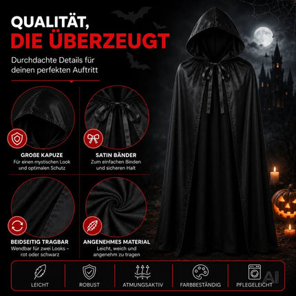 Halloween Vampirkostüm Umhang mit Kaputze schwarz als Verkleidung für Kinder & Erwachsene - Fasching & Karneval - Einheitsgröße