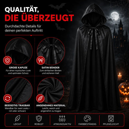 Halloween Vampirkostüm Umhang mit Kaputze schwarz als Verkleidung für Kinder & Erwachsene - Fasching & Karneval - Einheitsgröße