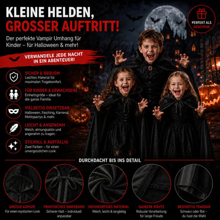 Halloween Vampirkostüm Umhang mit Kaputze schwarz als Verkleidung für Kinder & Erwachsene - Fasching & Karneval - Einheitsgröße