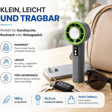 Handventilator Mini Ventilator mit Kühlfunktion bis zu 5 °C – USB-C wiederaufladbar tragbar – Taschenventilator für unterwegs (Grau)