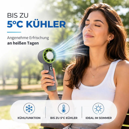 Handventilator Mini Ventilator mit Kühlfunktion bis zu 5 °C – USB-C wiederaufladbar tragbar – Taschenventilator für unterwegs (Grau)
