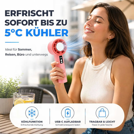 Handventilator Mini Ventilator mit Kühlfunktion bis zu 5 °C – USB-C wiederaufladbar tragbar – Taschenventilator für unterwegs (Rosa)