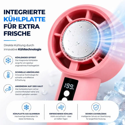Handventilator Mini Ventilator mit Kühlfunktion bis zu 5 °C – USB-C wiederaufladbar tragbar – Taschenventilator für unterwegs (Rosa)