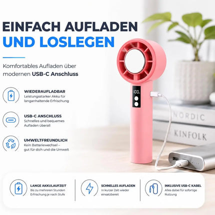 Handventilator Mini Ventilator mit Kühlfunktion bis zu 5 °C – USB-C wiederaufladbar tragbar – Taschenventilator für unterwegs (Rosa)