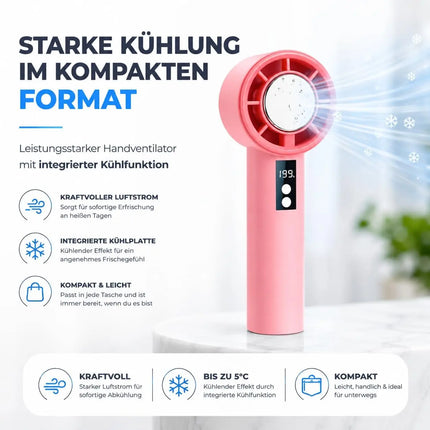 Handventilator Mini Ventilator mit Kühlfunktion bis zu 5 °C – USB-C wiederaufladbar tragbar – Taschenventilator für unterwegs (Rosa)