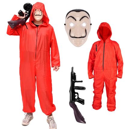 Haus des Geldes Kostüm Set - 3 in 1 Set - mit Dali Maske, Overall rot Unisex, Gewehr Aufblasbar für Halloween, Fasching als Verkleidung für Herren & Damen