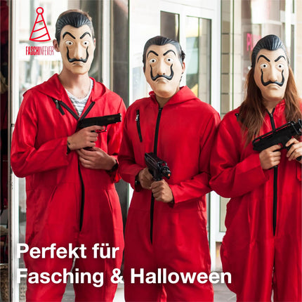 Haus des Geldes Kostüm Set - 3 in 1 Set - mit Dali Maske, Overall rot Unisex, Gewehr Aufblasbar für Halloween, Fasching als Verkleidung für Herren & Damen