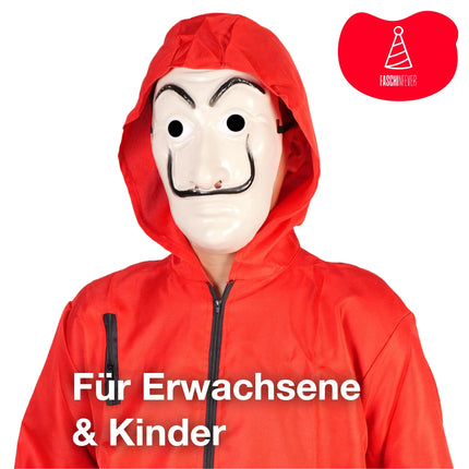 Haus des Geldes Kostüm Set - 3 in 1 Set - mit Dali Maske, Overall rot Unisex, Gewehr Aufblasbar für Halloween, Fasching als Verkleidung für Herren & Damen