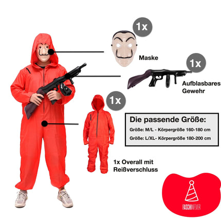 Haus des Geldes Kostüm Set - 3 in 1 Set - mit Dali Maske, Overall rot Unisex, Gewehr Aufblasbar für Halloween, Fasching als Verkleidung für Herren & Damen