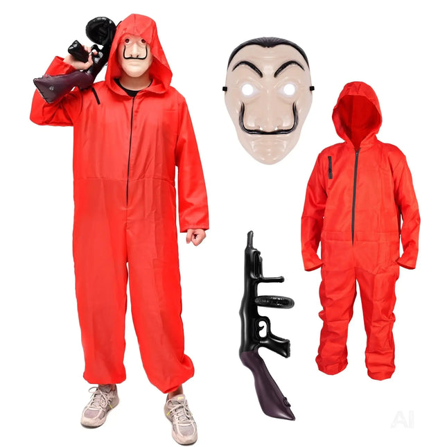 Haus des Geldes Kostüm Set - 3 in 1 Set - mit Dali Maske, Overall rot Unisex, Gewehr Aufblasbar