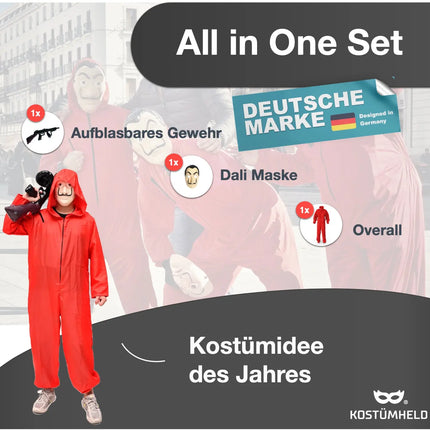 Haus des Geldes Kostüm Set für Erwachsene Unisex - Damen & Herren - mit Dali Salvador Maske, aufblasbares Gewehr, roter Overallanzug