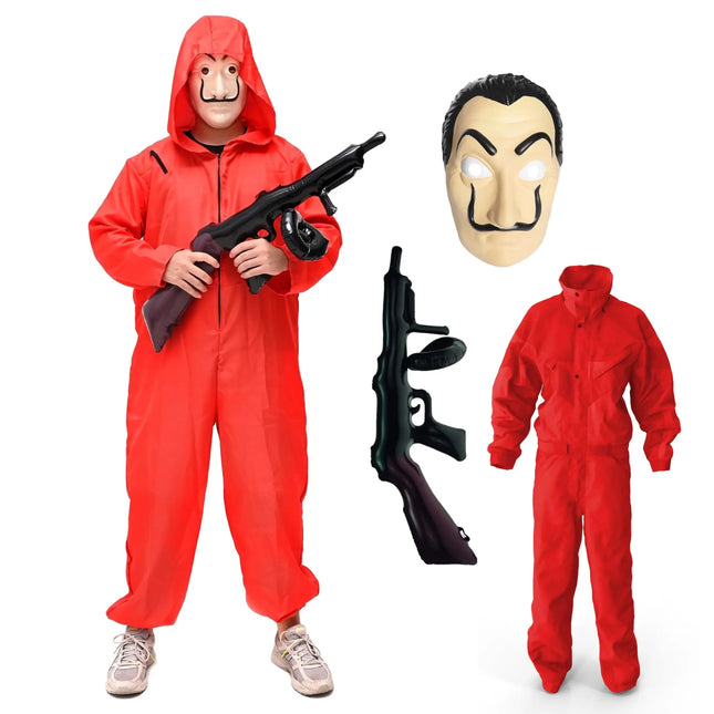 Haus des Geldes Kostüm Set für Erwachsene Unisex - Damen & Herren - mit Dali Salvador Maske, aufblasbares Gewehr, roter Overallanzug