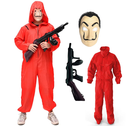 Haus des Geldes Kostüm Set für Erwachsene Unisex - Damen & Herren - mit Dali Salvador Maske, aufblasbares Gewehr, roter Overallanzug