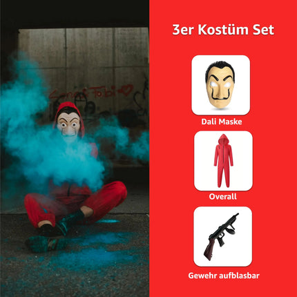 Haus des Geldes Kostüm Set für Erwachsene Unisex - Damen & Herren - mit Dali Salvador Maske, aufblasbares Gewehr, roter Overallanzug