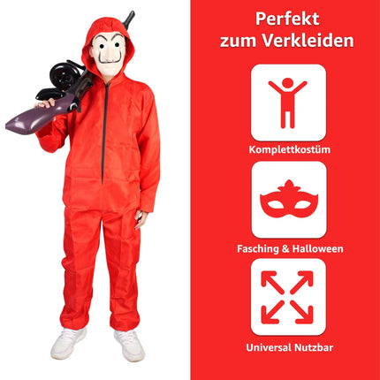 Haus des Geldes Kostüm Set für Erwachsene Unisex - Damen & Herren - mit Dali Salvador Maske, aufblasbares Gewehr, roter Overallanzug