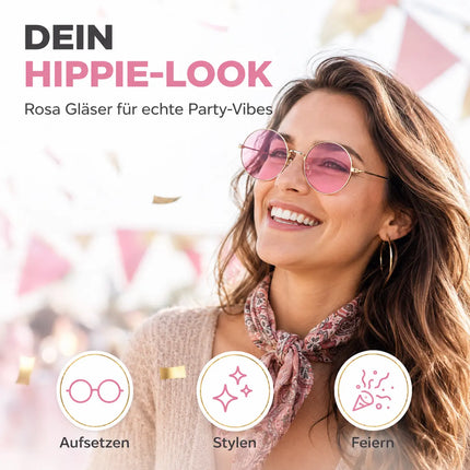 Hippie Brille Sonnenbrille rund pink – 70er 80er Accessoires wie John Lennon – Accessories für Fasching & Karneval